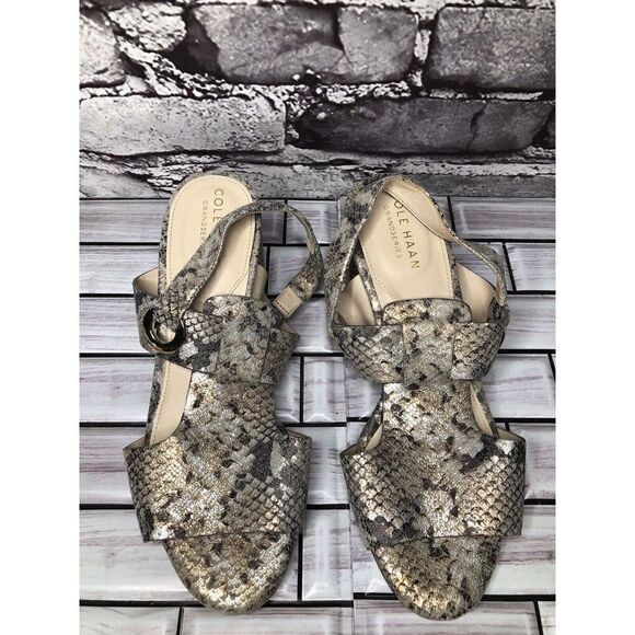 Cole Haan Grand OS Taupe Shimmer Leather Open Block Heel Sandals 5B US/35.5EU - Picture 2 of 16